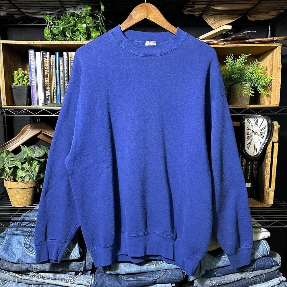 Vintage 90s Blue Made In USA Crewneck Basic Solid Color Sweatshirt Mens XL